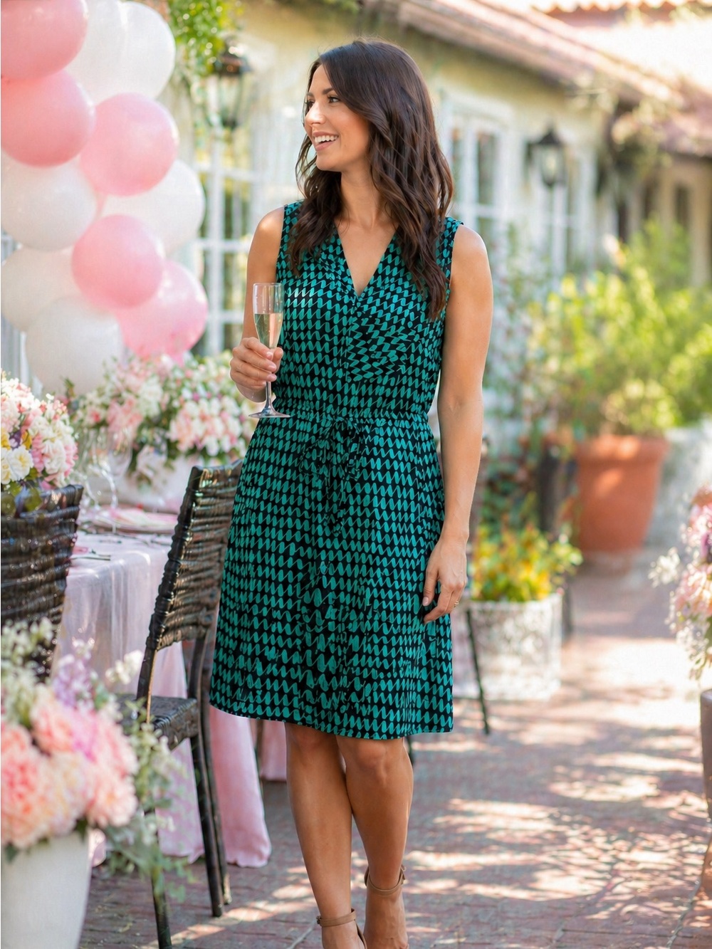BeBop Teal Abstract Sleeveless V-Neck Drawstring Knee Length Sundress